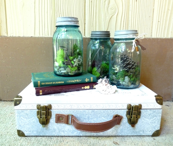 rustic handmade mason jar terrariums with moss and antique keys