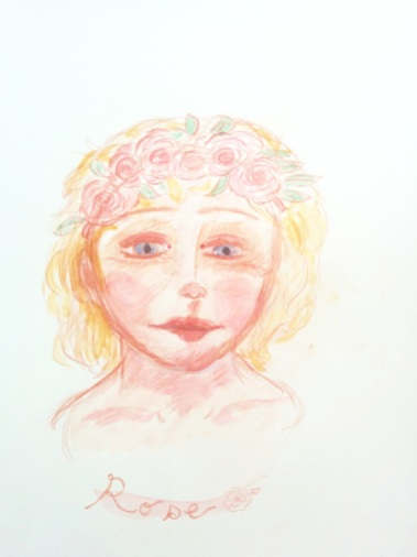 dreamy watercolor sketch of a young girl with roses in her hair