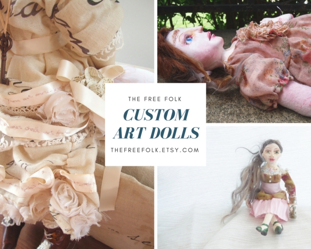 marketing graphic of featuring custom art dolls created by the free folk
