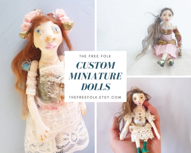 marketing graphic featuring custom miniature art dolls by the free folk