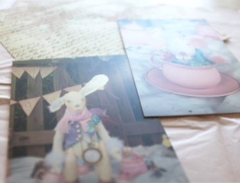 soft vintage pastel letters and postcards from Alice in Wonderland and The Mad Tea Party