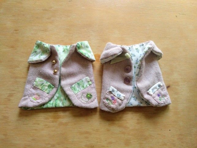 two tiny handmade jackets for the Wind in the Willows dolls