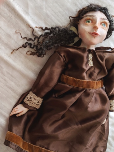 paperclay art doll in brown silk dress